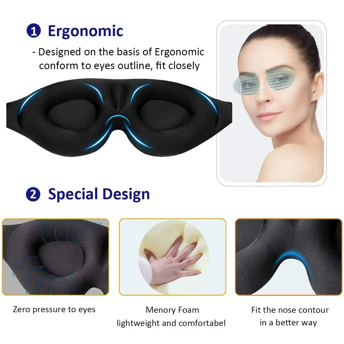 Eye Mask for Sleeping 3D Contoured Cup Blindfold Concave Molded Night Sleep Mask Block Out Light with Women Men thumbnail 2