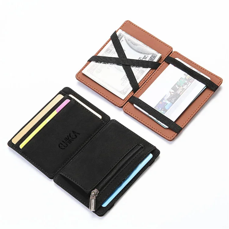 Men Ultra Thin PU Leather Mini Small Magic Wallet with Zipper Coin Pocket Purse Women Pouch Plastic Credit Bank Card Case Holder thumbnail 2