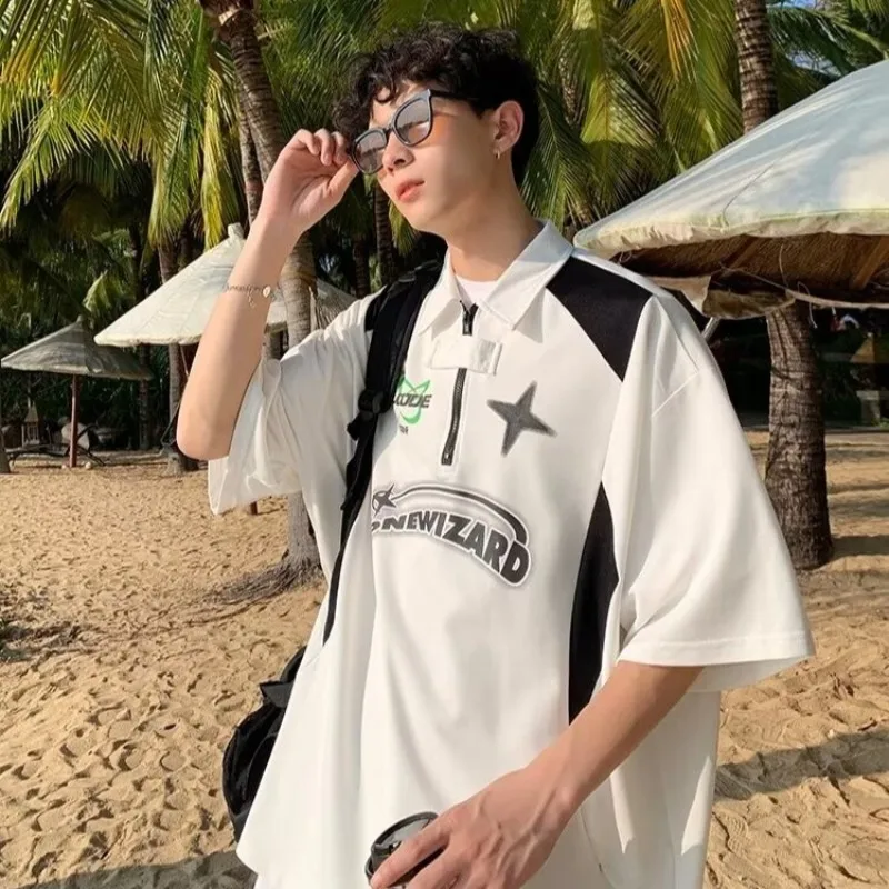 American Retro Short Sleeved Y2k Motorcycle Style Polo Collar Simple Versatile Loose Vintage Summer Couple T-shirt Casual Top thumbnail 6