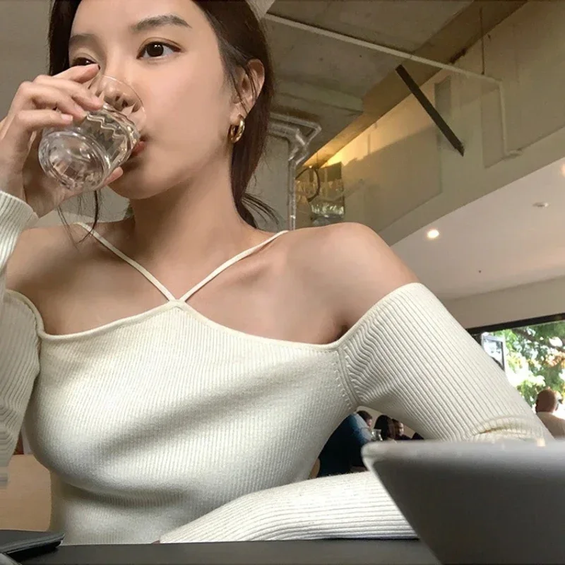 Women Crop Sweater Sexy Off Shoulder Slim Knitted Sweaters Long Sleeve Halter Knit Top Y2k Fashion Pullover Korean Streetwear thumbnail 2