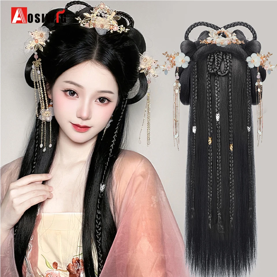 Synthetic Hanfu headwear lazy headband Braid Wig integrated ancient style package hair styling hair Fluffy Hairstyle Daily Wear
