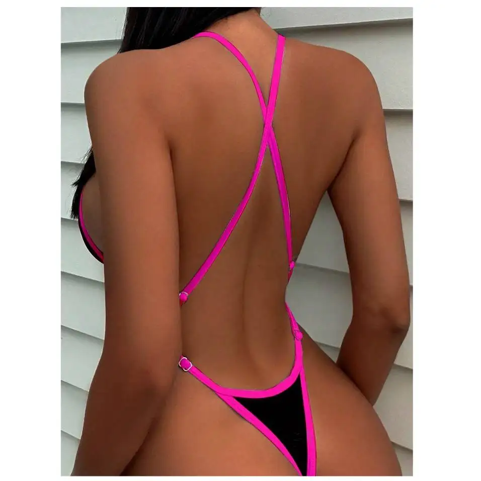 Cikini Summer Beach Women's Contrast Trim Halterneck One-Piece Swimsuit Sexy Swimwear Bathing Suit thumbnail 3