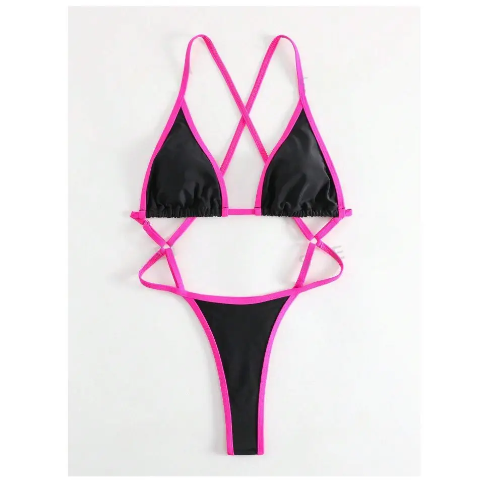 Cikini Summer Beach Women's Contrast Trim Halterneck One-Piece Swimsuit Sexy Swimwear Bathing Suit thumbnail 4