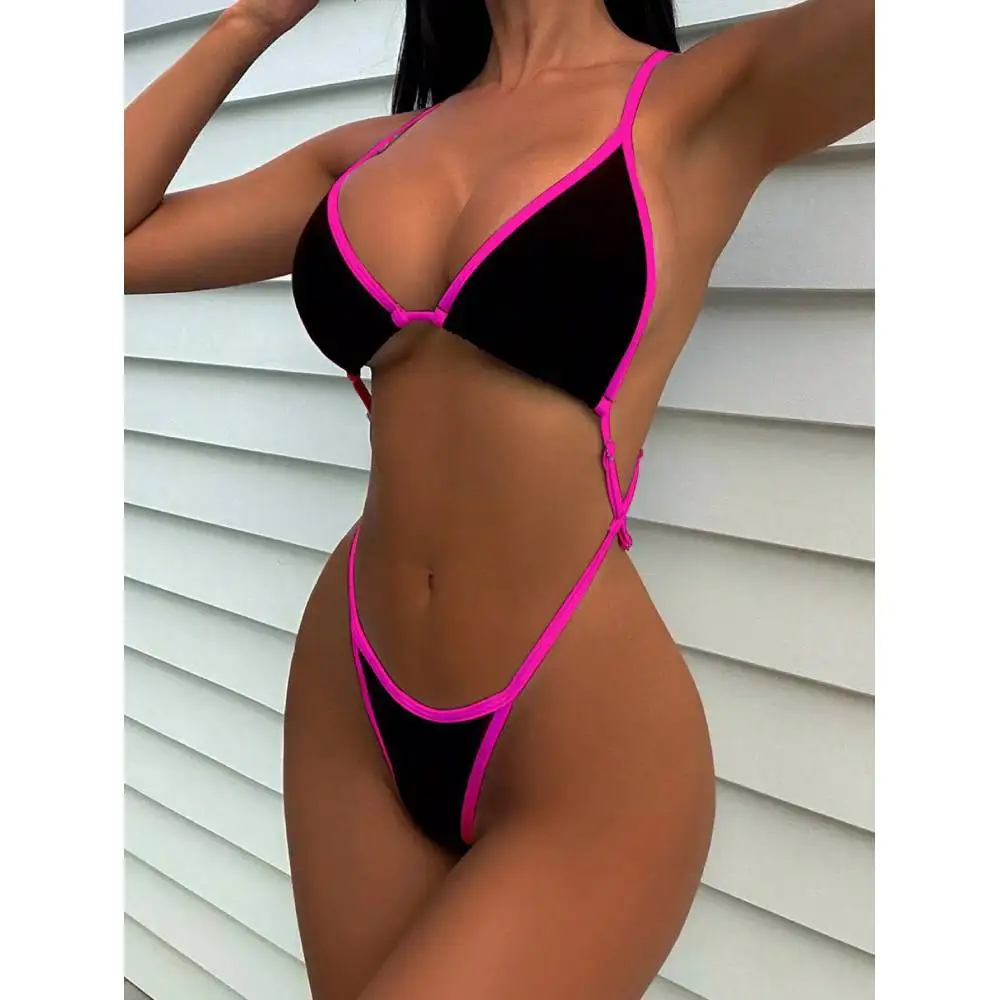 Cikini Summer Beach Women's Contrast Trim Halterneck One-Piece Swimsuit Sexy Swimwear Bathing Suit thumbnail 2