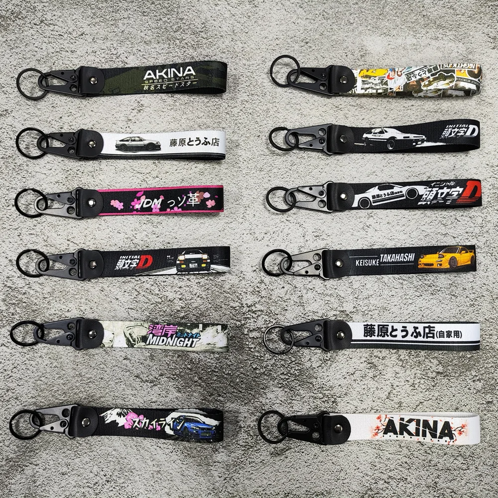 Newest JDM Style Car Keychain Nylon Initial D Gift Lanyard Keyring Auto Key Steel Spring Clip Key Starp Key Pendant