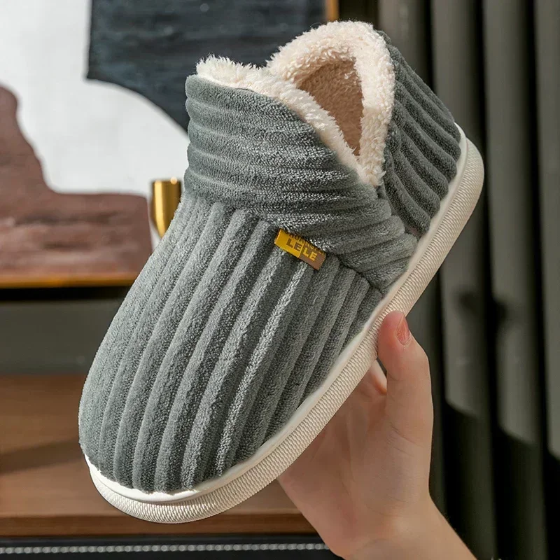 Winter Couple Style Concise Solid Color Wrap Heels Plush Slippers Non-slip Warm Flip Flops Women Men Home Casual Cotton Shoes thumbnail 3