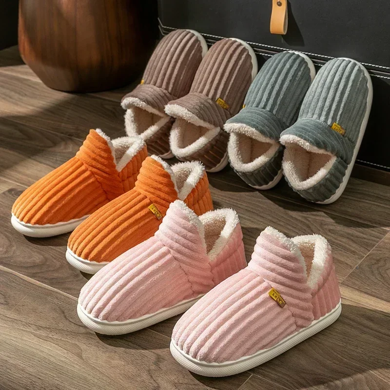 Winter Couple Style Concise Solid Color Wrap Heels Plush Slippers Non-slip Warm Flip Flops Women Men Home Casual Cotton Shoes thumbnail 2