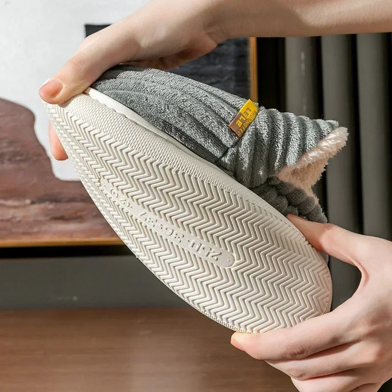 Winter Couple Style Concise Solid Color Wrap Heels Plush Slippers Non-slip Warm Flip Flops Women Men Home Casual Cotton Shoes thumbnail 5