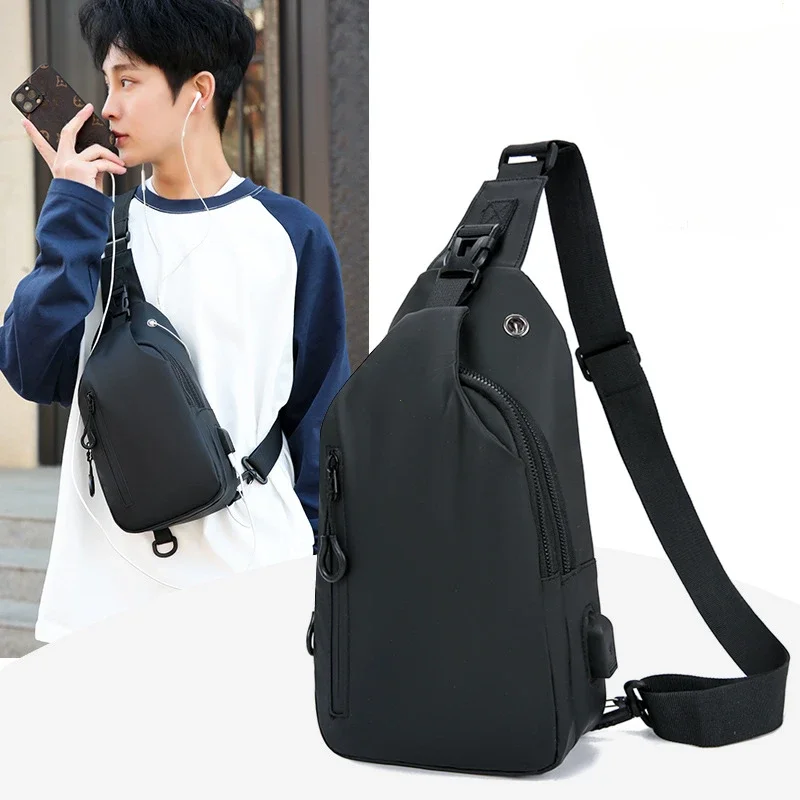 Men Bag Fashion New Solid Color Men Chest Bag Outdoor Casual Fashion One Shoulder Crossbody Bag Nylon USB Charging Shoulder Bags thumbnail 2