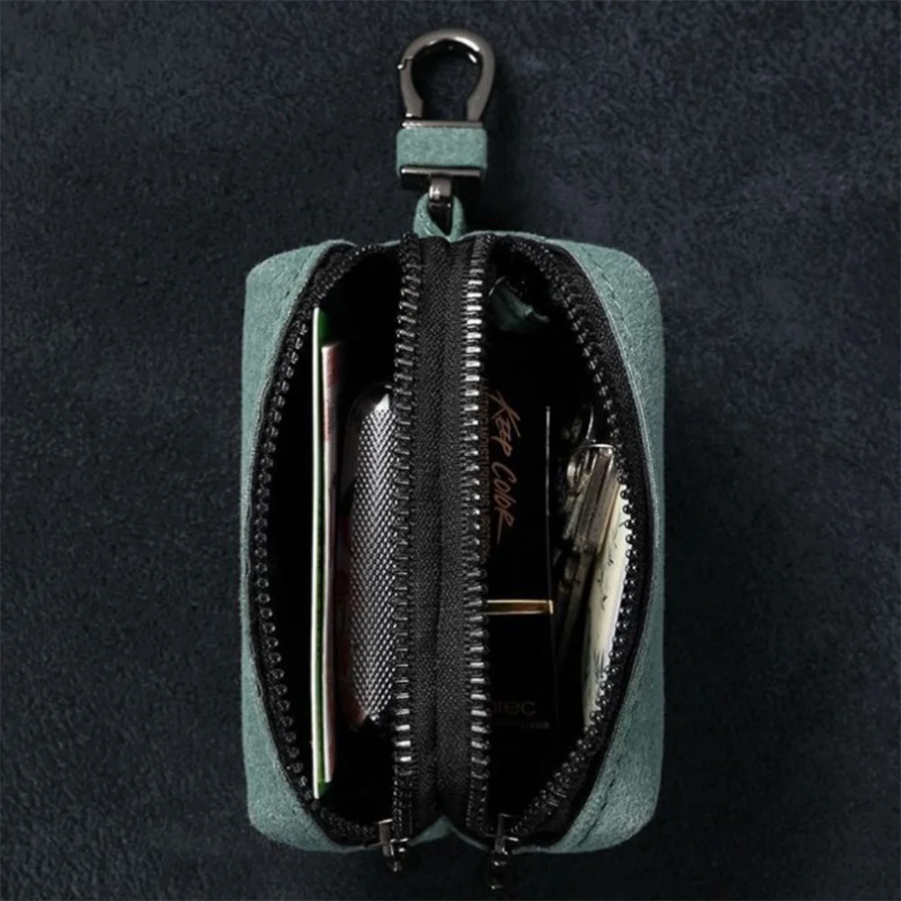Unisex Large-Capacity Double Zipper Key Pouch Bag Suede Leather Key Case Coin Purse Portable Keychain Wallet for Men and Women thumbnail 4