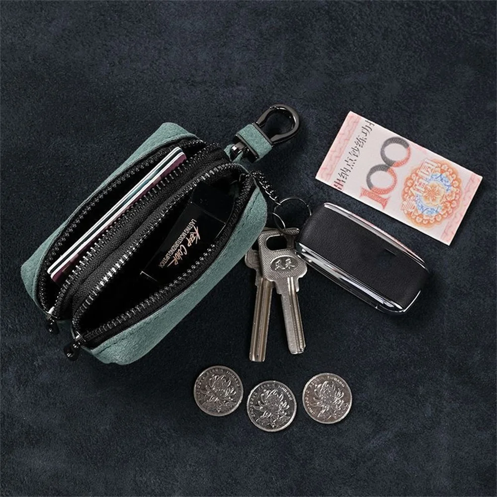 Unisex Large-Capacity Double Zipper Key Pouch Bag Suede Leather Key Case Coin Purse Portable Keychain Wallet for Men and Women thumbnail 3