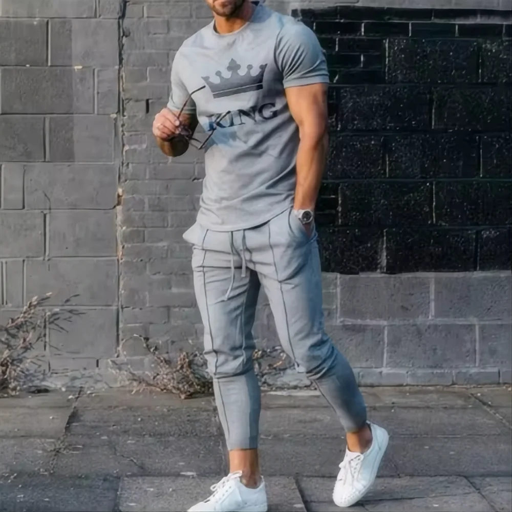 Men's Summer Fashion Sports Set Trendy 3D Printed Sports Set Casual Jogging Street Wear Short Sleeve T-shirt Long Pants 2-piece thumbnail 3