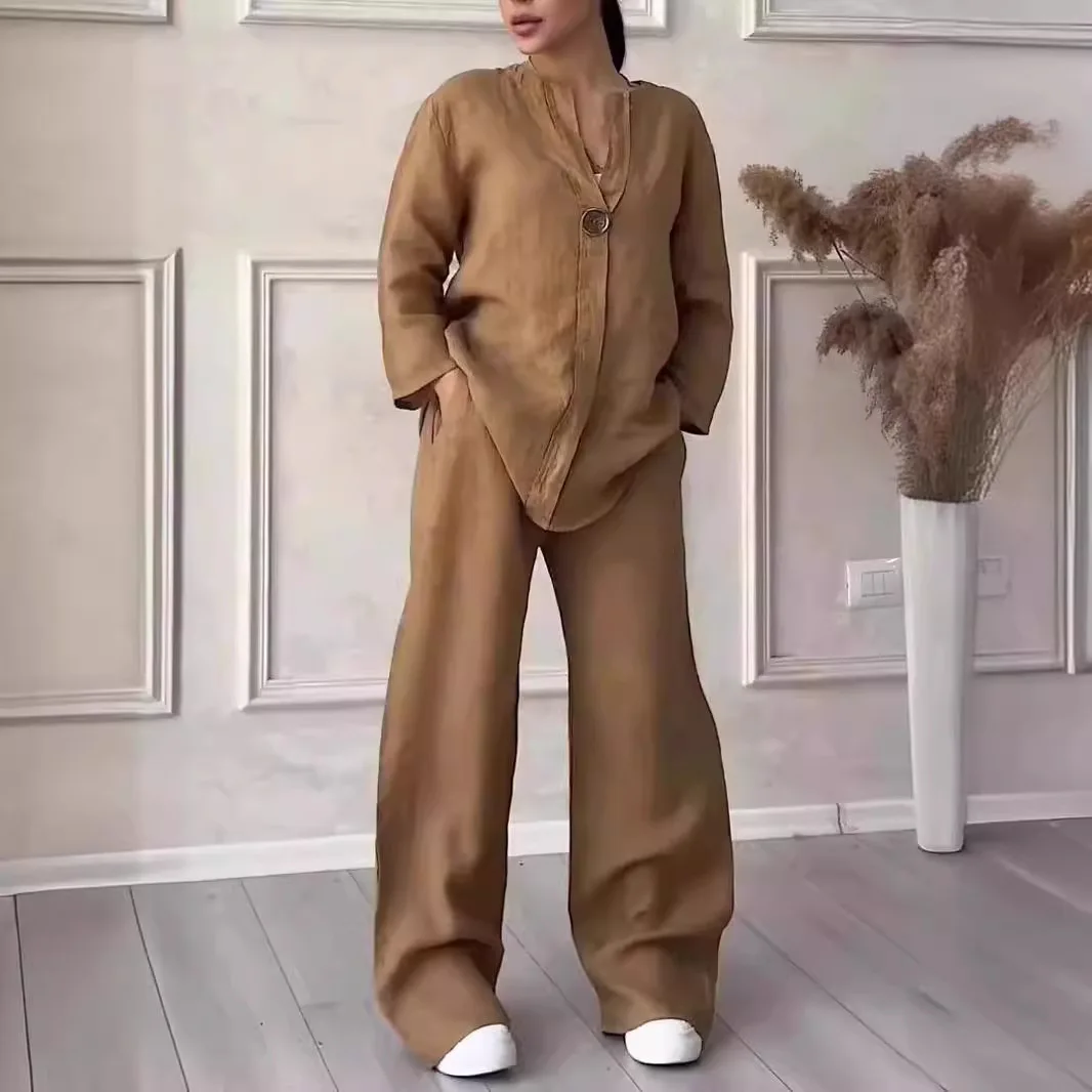 Cotton Linen Sets Two 2 Pieces Sale Casual Long Sleeve Button Loose Blouse Shirt&High Elastic Wide Leg Loose Pant Suits NMD-3021 thumbnail 3