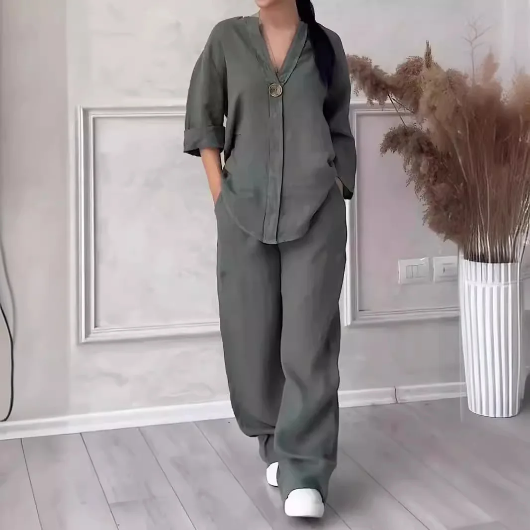 Cotton Linen Sets Two 2 Pieces Sale Casual Long Sleeve Button Loose Blouse Shirt&High Elastic Wide Leg Loose Pant Suits NMD-3021 thumbnail 4