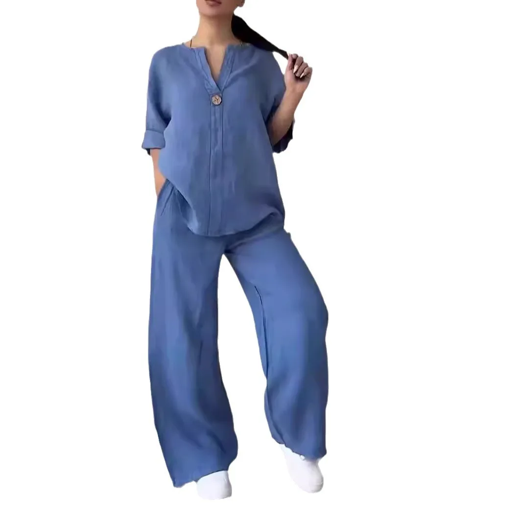 Cotton Linen Sets Two 2 Pieces Sale Casual Long Sleeve Button Loose Blouse Shirt&High Elastic Wide Leg Loose Pant Suits NMD-3021 thumbnail 5