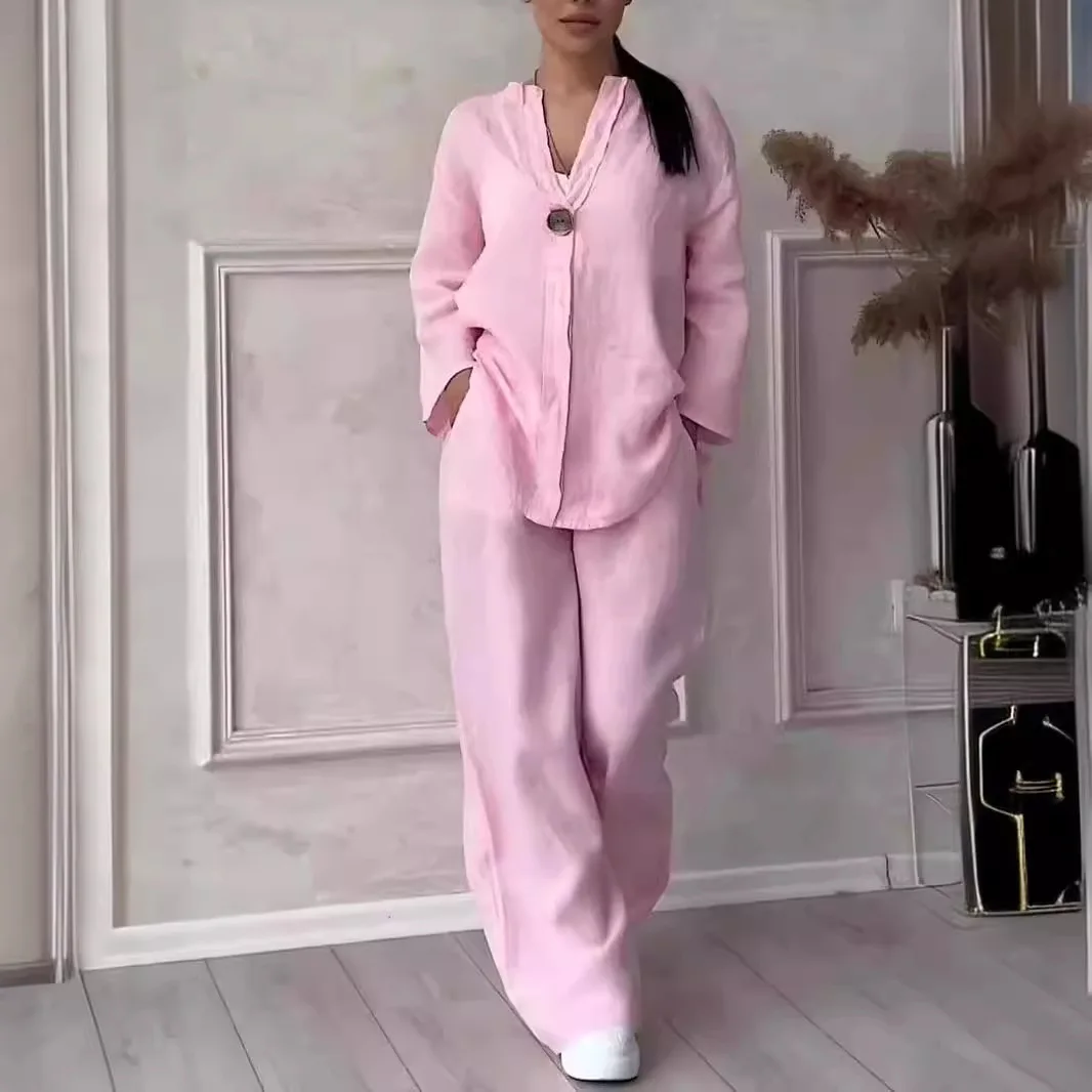 Cotton Linen Sets Two 2 Pieces Sale Casual Long Sleeve Button Loose Blouse Shirt&High Elastic Wide Leg Loose Pant Suits NMD-3021 thumbnail 2