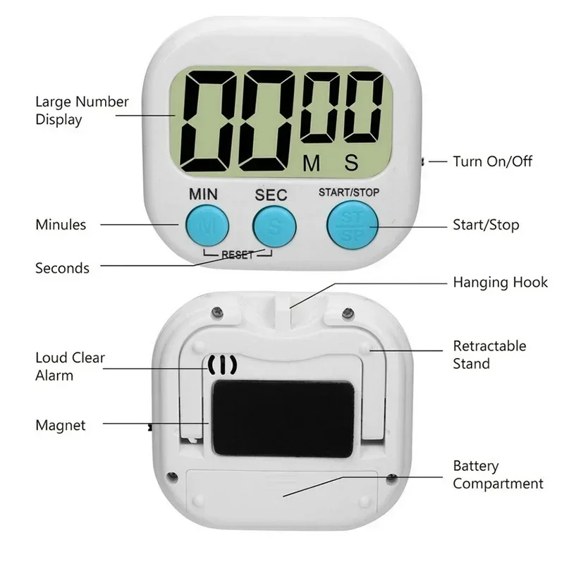 Mini Digital Kitchen Timer Big Digits Loud Alarm Magnetic Backing Stand with Large LCD Display for Cooking Baking Sports Games thumbnail 3