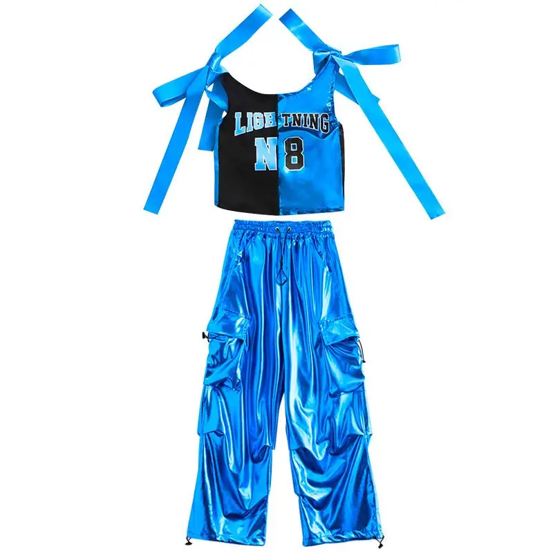 Cool Bright Blue Street Dance Costume Kids Jazz Fashion Clothes Boys Girls Hip Hop Oversize Tops Pants Runways Show Outfit thumbnail 6