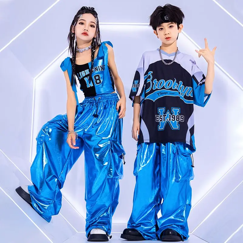 Cool Bright Blue Street Dance Costume Kids Jazz Fashion Clothes Boys Girls Hip Hop Oversize Tops Pants Runways Show Outfit thumbnail 3