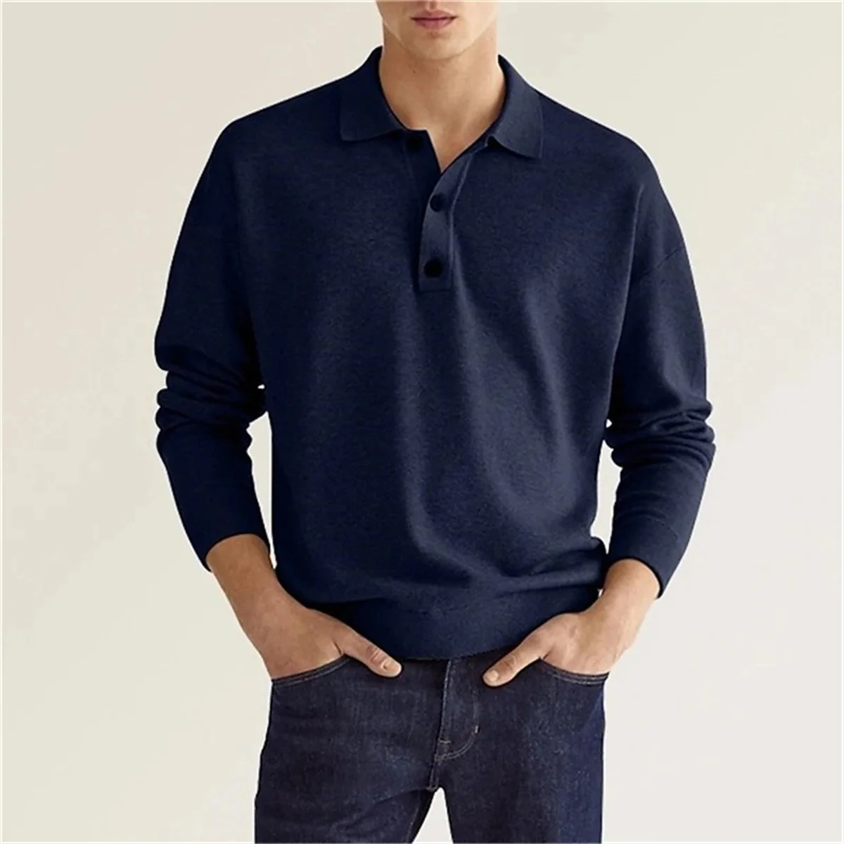 Spring and Autumn New Style Men's Business Leisure Office Relaxed Breathable Solid Color Button V-Neck Long-Sleeved Polo Shirt thumbnail 5