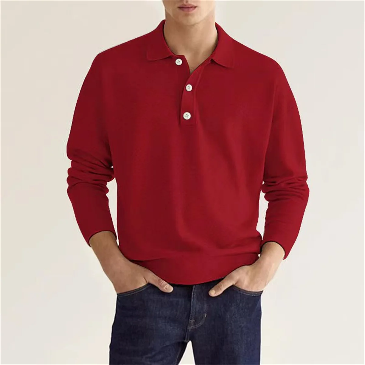 Spring and Autumn New Style Men's Business Leisure Office Relaxed Breathable Solid Color Button V-Neck Long-Sleeved Polo Shirt thumbnail 4