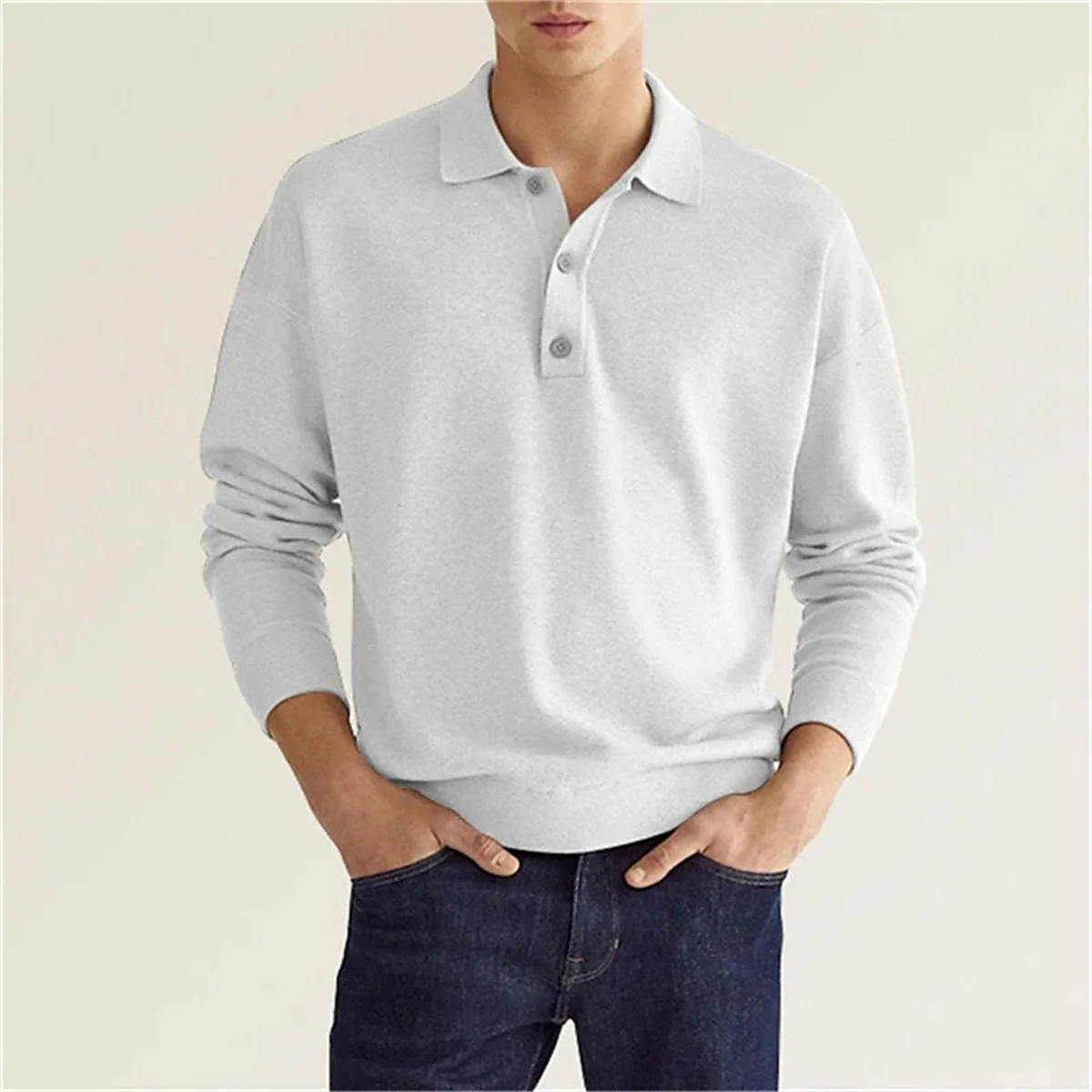 Spring and Autumn New Style Men's Business Leisure Office Relaxed Breathable Solid Color Button V-Neck Long-Sleeved Polo Shirt
