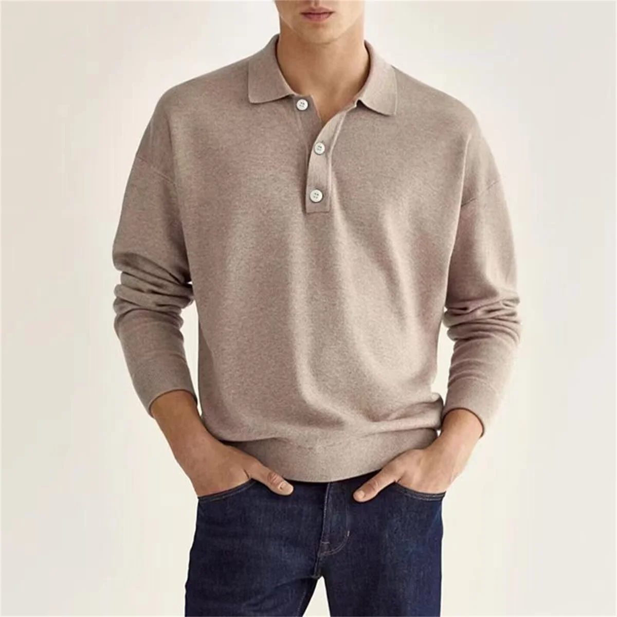 Spring and Autumn New Style Men's Business Leisure Office Relaxed Breathable Solid Color Button V-Neck Long-Sleeved Polo Shirt thumbnail 6