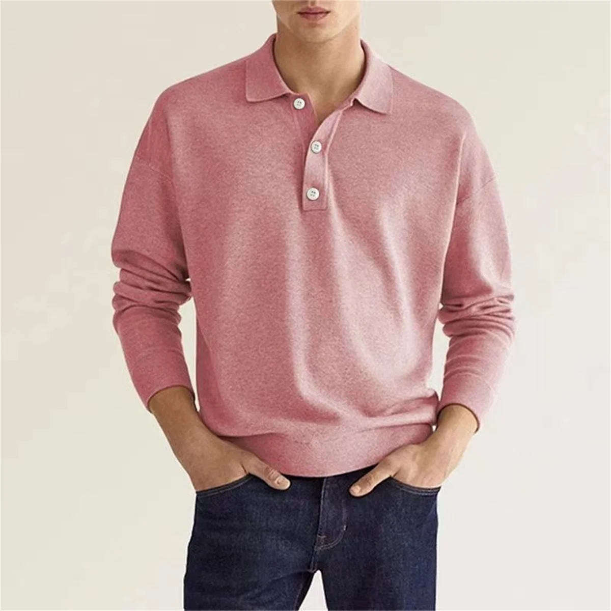 Spring and Autumn New Style Men's Business Leisure Office Relaxed Breathable Solid Color Button V-Neck Long-Sleeved Polo Shirt thumbnail 3