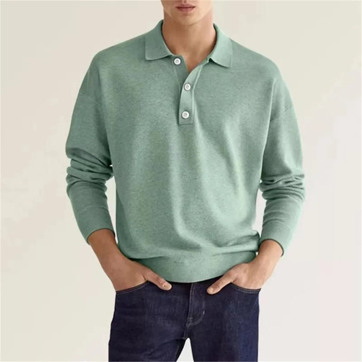 Spring and Autumn New Style Men's Business Leisure Office Relaxed Breathable Solid Color Button V-Neck Long-Sleeved Polo Shirt thumbnail 2