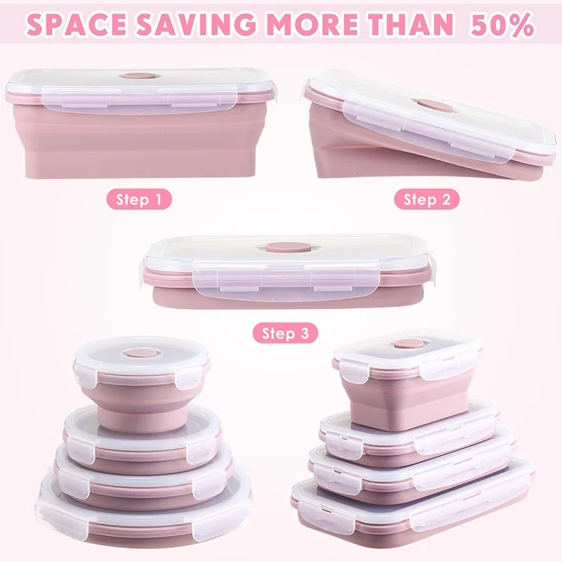 Collapsible Food Storage Containers Foldable Silicone Lunch Containers with Lids, Rectangle Collapsible Bowls Round Food Bowls thumbnail 5