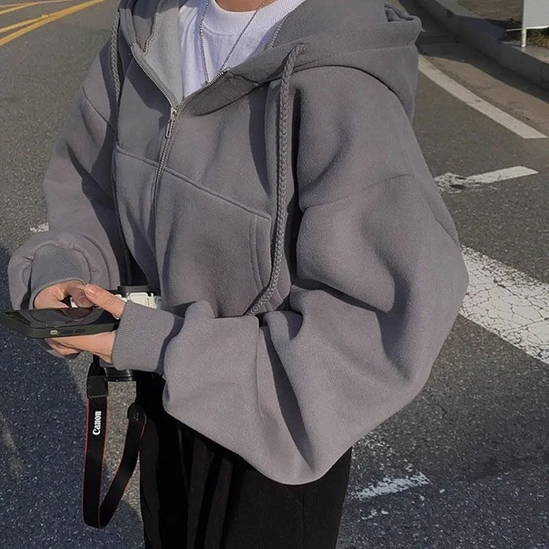 Korean Hood Shirt Women Fashion Fleece Lined Loose Hoodies Zipper Long Sleeve Crop Tops Harajuku Female Jackets Coats Sweatshirt thumbnail 5