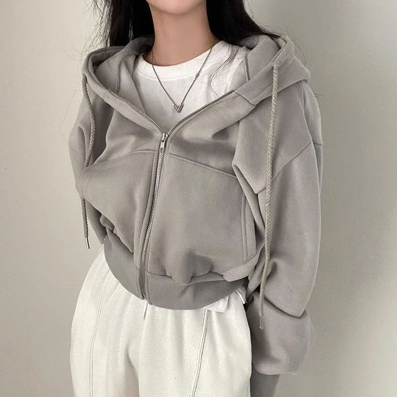 Korean Hood Shirt Women Fashion Fleece Lined Loose Hoodies Zipper Long Sleeve Crop Tops Harajuku Female Jackets Coats Sweatshirt thumbnail 4
