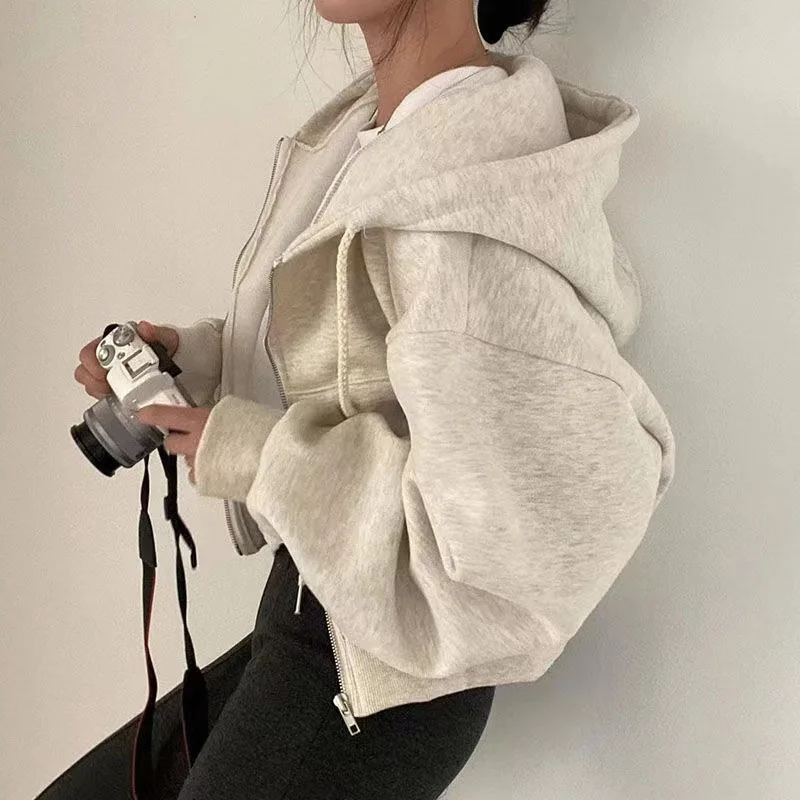 Korean Hood Shirt Women Fashion Fleece Lined Loose Hoodies Zipper Long Sleeve Crop Tops Harajuku Female Jackets Coats Sweatshirt thumbnail 2
