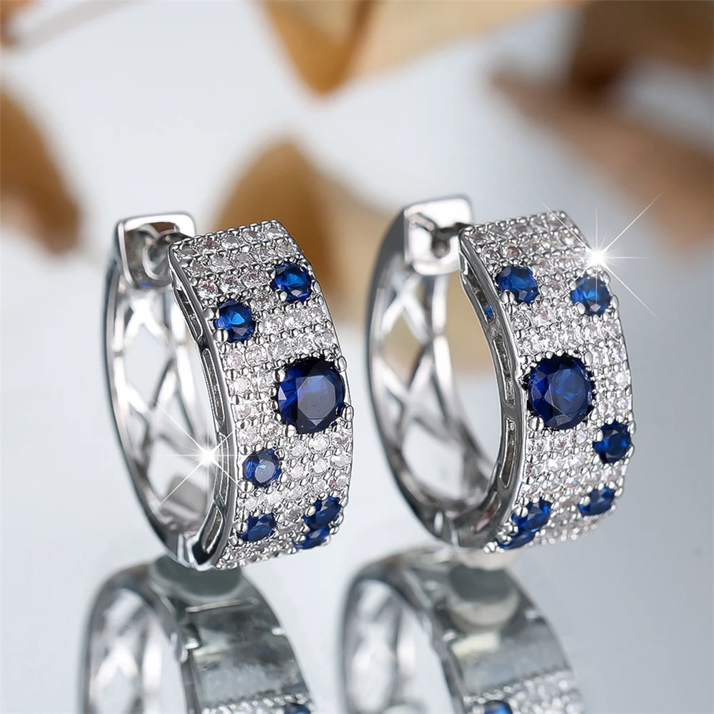 Cute Female White Blue Zircon Stone Round Hoop Earrings Fashion Gold Color Wedding Jewelry For Women thumbnail 6