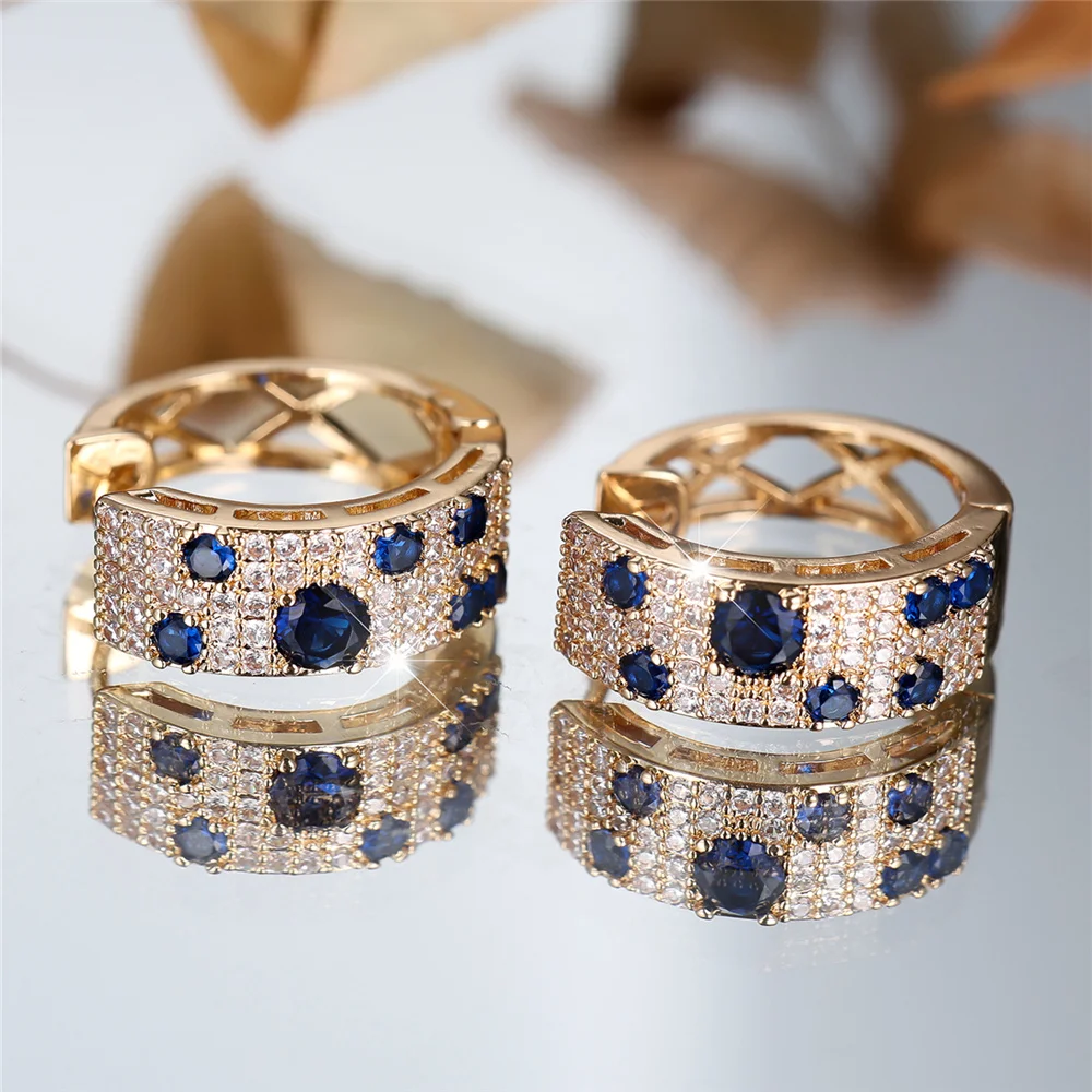 Cute Female White Blue Zircon Stone Round Hoop Earrings Fashion Gold Color Wedding Jewelry For Women thumbnail 2