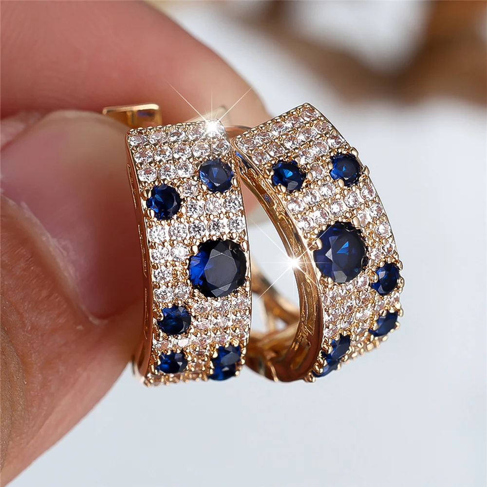 Cute Female White Blue Zircon Stone Round Hoop Earrings Fashion Gold Color Wedding Jewelry For Women thumbnail 3