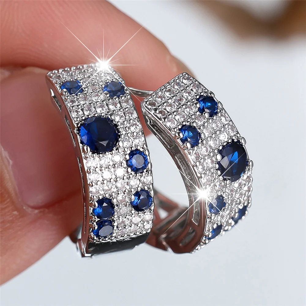 Cute Female White Blue Zircon Stone Round Hoop Earrings Fashion Gold Color Wedding Jewelry For Women thumbnail 5