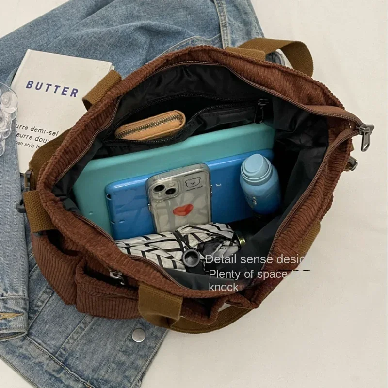 Casual Corduroy Messenger Bags Large Capacity Commuter Mummy Portable Shoulder Bag Multi Layers Camping Tote Bags thumbnail 5