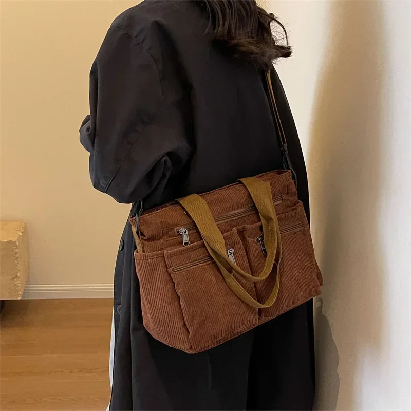 Casual Corduroy Messenger Bags Large Capacity Commuter Mummy Portable Shoulder Bag Multi Layers Camping Tote Bags thumbnail 3