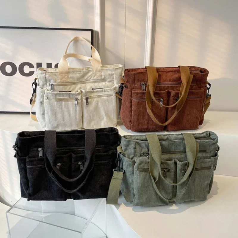 Casual Corduroy Messenger Bags Large Capacity Commuter Mummy Portable Shoulder Bag Multi Layers Camping Tote Bags thumbnail 4