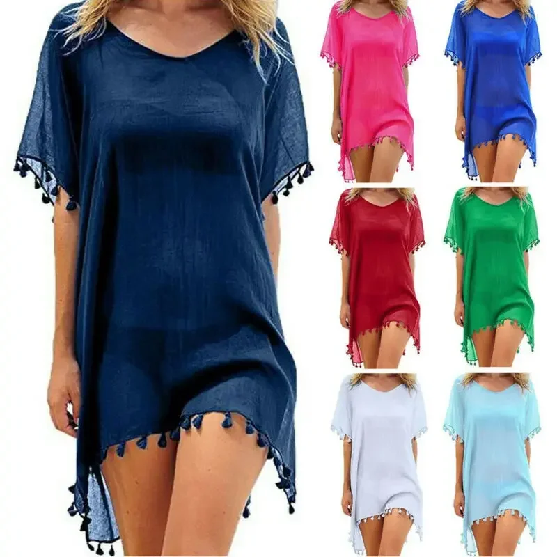 Women Swimsuit Baggy Tunic Tops Bikini Cover-Ups Dress Swim Summer Beach Bathing T-Shirt Women Cotton Blouse Beachwear thumbnail 4