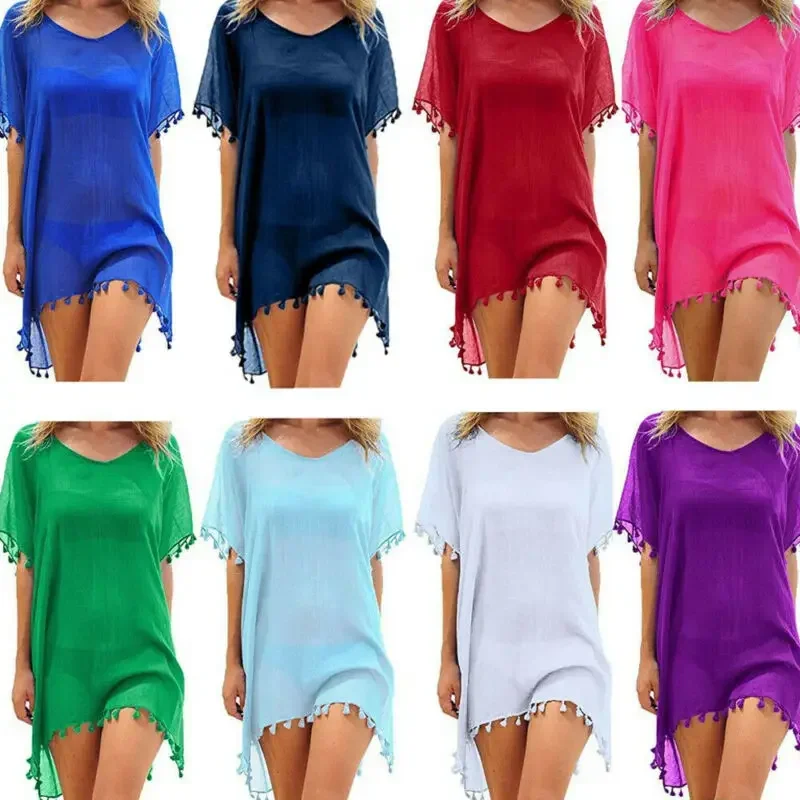 Women Swimsuit Baggy Tunic Tops Bikini Cover-Ups Dress Swim Summer Beach Bathing T-Shirt Women Cotton Blouse Beachwear thumbnail 3
