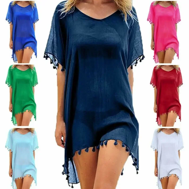 Women Swimsuit Baggy Tunic Tops Bikini Cover-Ups Dress Swim Summer Beach Bathing T-Shirt Women Cotton Blouse Beachwear thumbnail 5