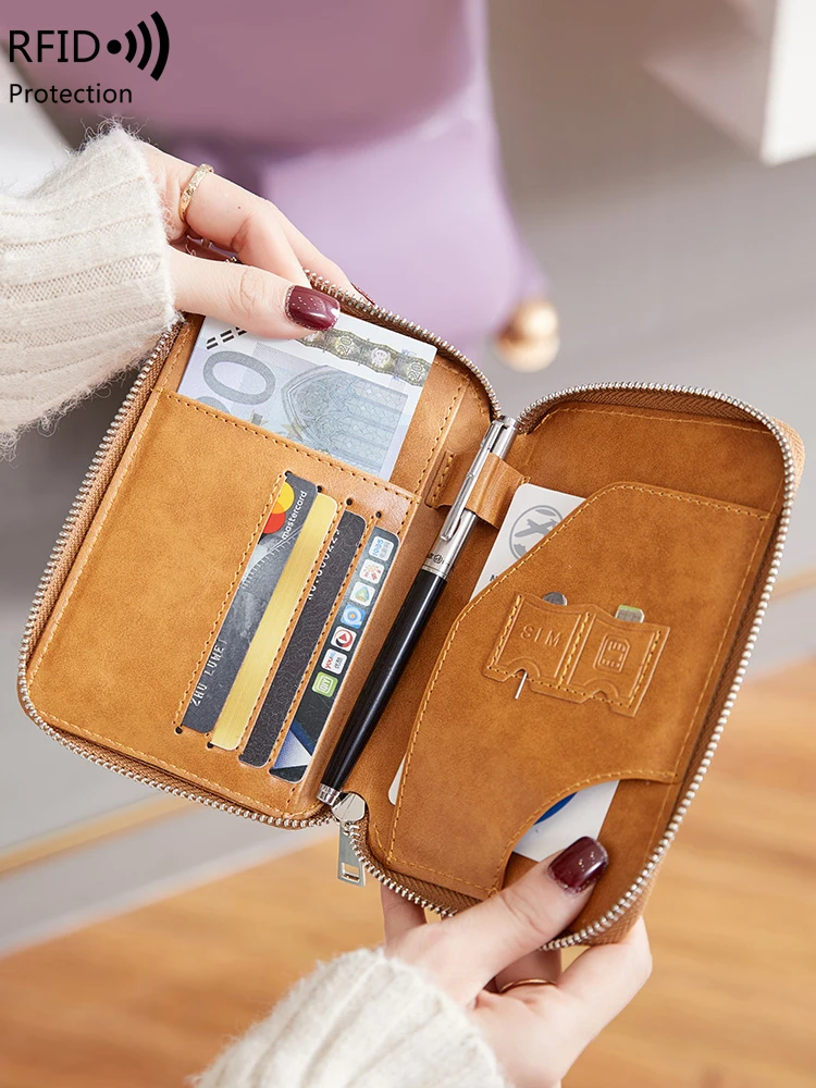 RFID anti-theft brush zipper travel wallet fashionable retro mens and womens passport bags simple multifunctional passport clip thumbnail 2