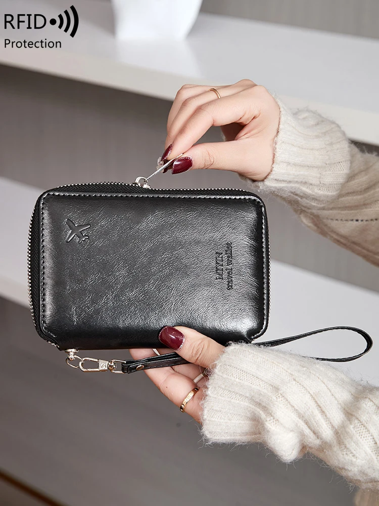 RFID anti-theft brush zipper travel wallet fashionable retro mens and womens passport bags simple multifunctional passport clip thumbnail 3