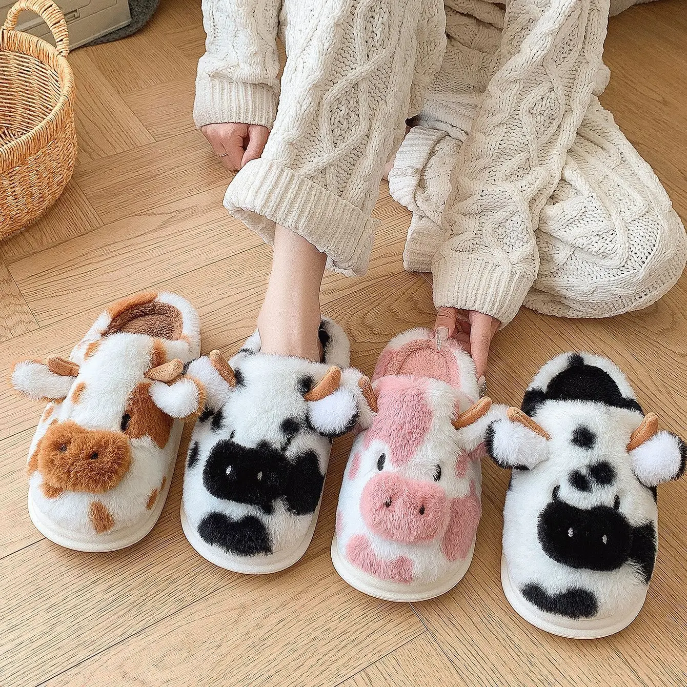 CRACOMIN Cow milk Fuzzy Slippers Women Winter Cartoon Fur Slippers Soft Cozy Plush House Shoes Female Bedroom Cute Furry Slides thumbnail 4