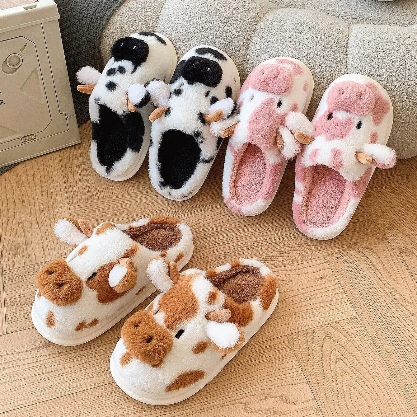 CRACOMIN Cow milk Fuzzy Slippers Women Winter Cartoon Fur Slippers Soft Cozy Plush House Shoes Female Bedroom Cute Furry Slides thumbnail 3