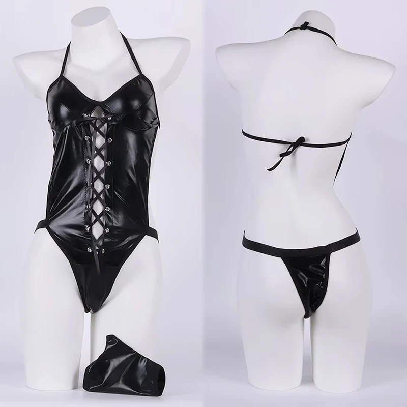 Latex Leather Underwear Women Hollow Bra Set Erotic Costumes Backless V Neck Baby Doll Dress Plus Size Corsets Sexy Lingerie Set thumbnail 4