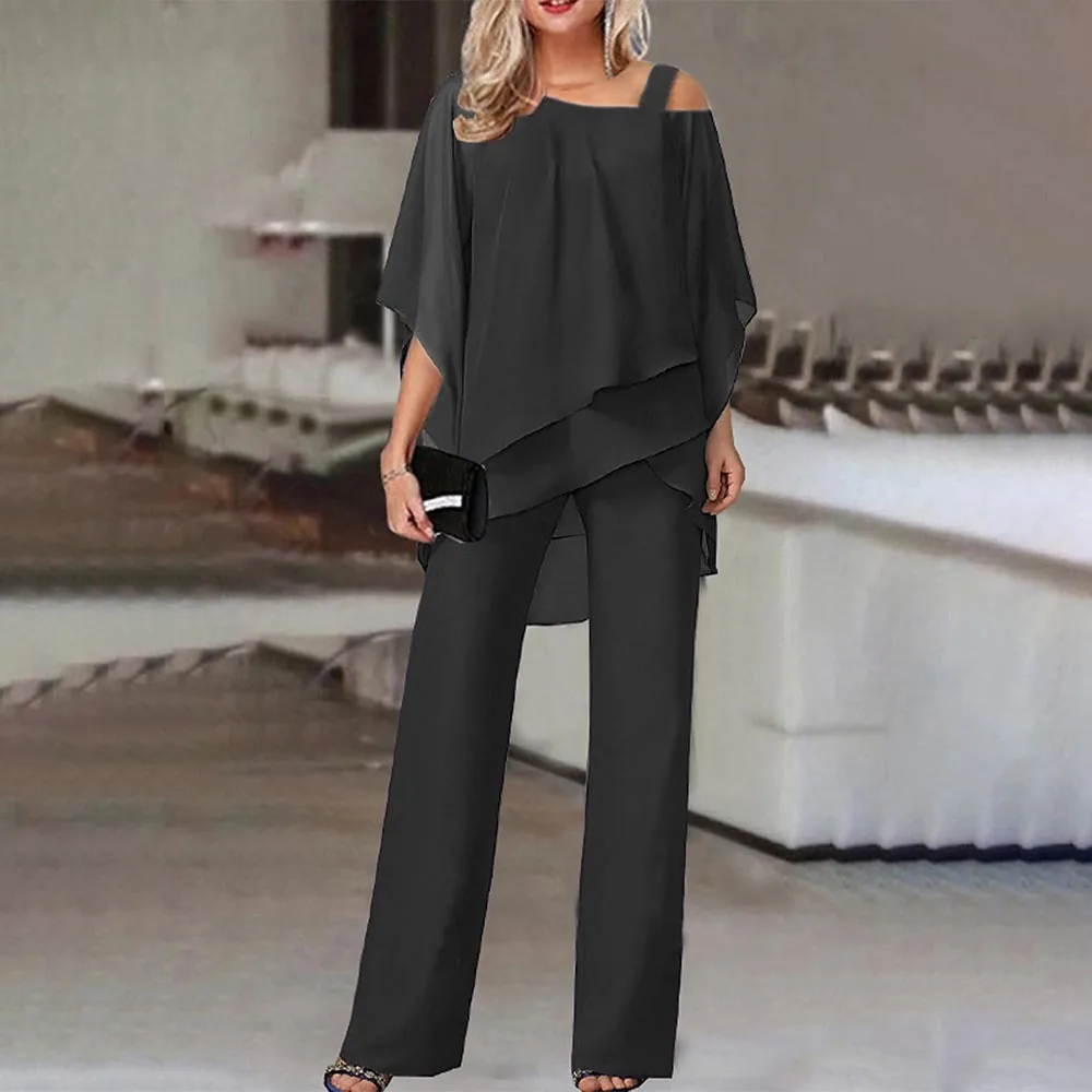Women Trousers Sets Two Pieces Sale Sexy Off Shoulder Half Batwing Sleeve Blouse&OL Wide Leg Loose Pant Suits NMD-6666 thumbnail 2