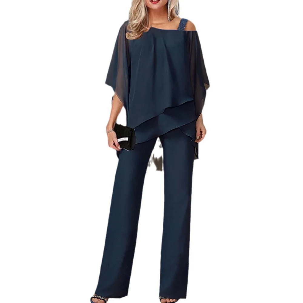 Women Trousers Sets Two Pieces Sale Sexy Off Shoulder Half Batwing Sleeve Blouse&OL Wide Leg Loose Pant Suits NMD-6666 thumbnail 3